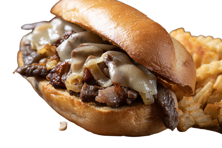 Philly cheesesteak sandwich and french fries